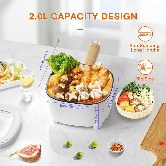 Audecook 2L Hot Pot Electric, Non-Stick electric pot, Portable Pot lazy | Dual Power Control Electric Pot For Cooking Steak, Egg, Ramen, Oatmeal & Soup | Portable Pot for Dorm, RV, Travel & Camping