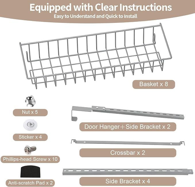 ElegantArray 8-Tier Pantry Door Organizer, Light Gray | Over The Door, Hanging Spice Rack Shelves, Home Office Laundry Room Bathroom & Kitchen, Storage Rack