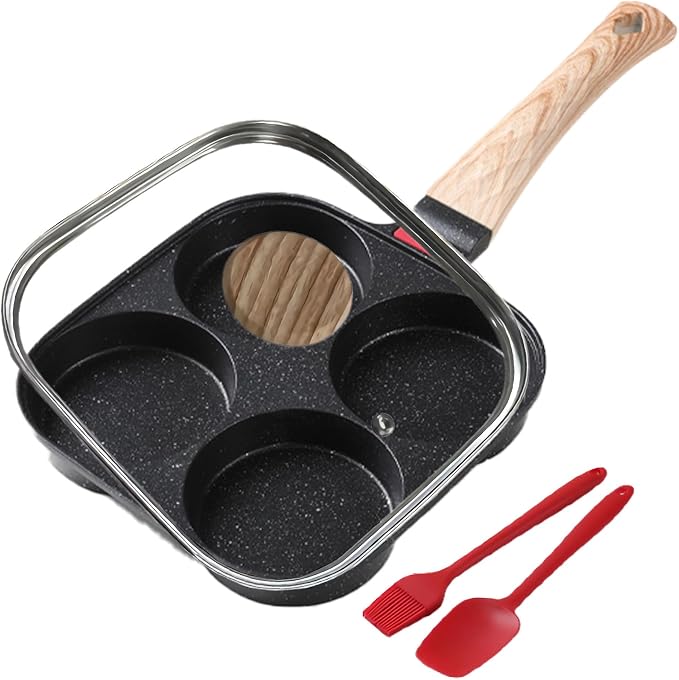 Egg Pan with Lid 4 Cup Nonstick Egg Frying Pan Omelette Skillet | Aluminum 4-Hole Omelette Pan with Glass Lid, Spatula, and Silicone Brush. Works for Breakfast Eggs, Bacon, and Mini Pancakes.