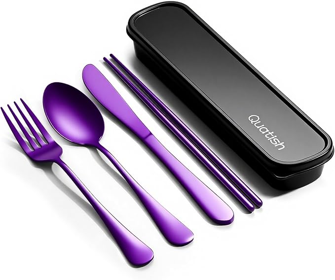 Travel Utensils with Case, Quatish 5 Piece Stainless Steel Silverware Set for Work, Portable Reusable Travel Cutlery Set, Fork and Spoon Set for Picnic, Camping, Gadgets, Lunch Box for Men, Purple