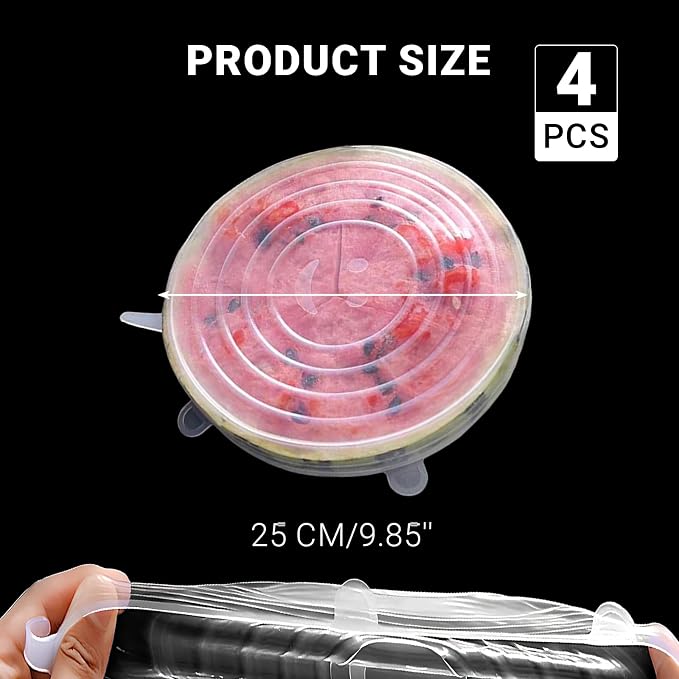 4 Pack 9.8in Reusable Silicone Stretch Lids, Silicone Bowl Covers for Food Storage, Universal Stretchable Lids for Containers Produce, Elastic Expandable Seal Cover, Microwave Freezer Safe