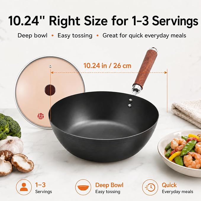 WANGYUANJI 10.24-Inch Carbon Steel Wok with Lid, Flat Bottom Small Wok Pan for 1–3 Servings, Uncoated Stir Fry Pan, Glass Lid, Induction/Gas/Electric Compatible, Wood Handle, Black