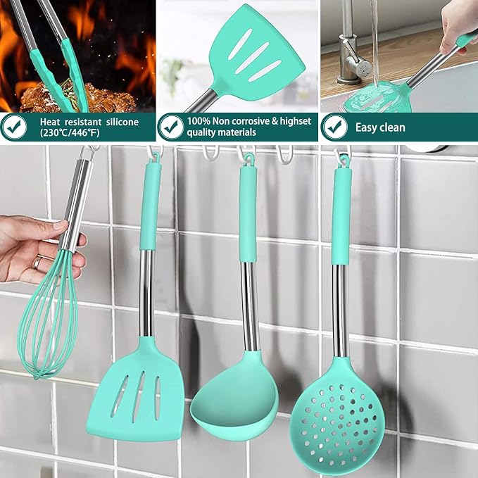 Silicone Cooking Utensil Set, Umite Chef 15pcs Silicone Cooking Kitchen Utensils Set, Non-stick - Best Kitchen Cookware with Stainless Steel Handle - Green
