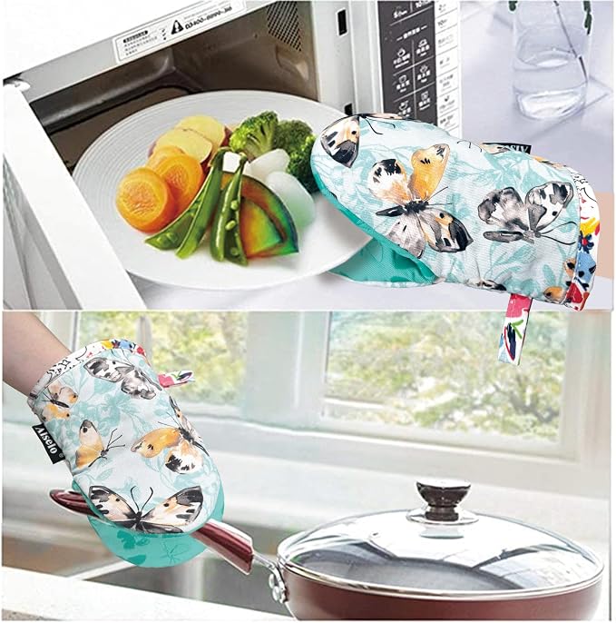 Alselo Mini Oven Mitts 2-Pack Set,Silicone Little Kitchen Gloves | Heat Resistant with Non-Slip Grip and Soft Quilted Cotton Lining for Safe Backing Cooking Barbecue (Turquoise, Butterfly, 2)