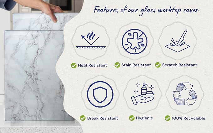 Glass Cutting Board 16"x12": Tempered Glass Kitchen Counter Protector - Durable- Scratch-Resistant, Heat-Proof - Design 3 - Grey Marble Effect