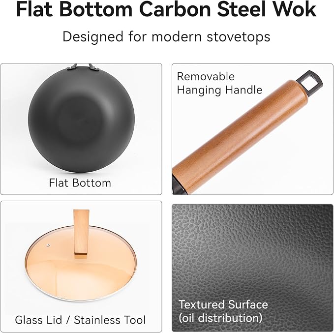 WANGYUANJI 12.6" Carbon Steel Wok with Lid, Flat Bottom Wok Pan for Induction and Gas Stoves, Heavy Duty Unseasoned Asian Stir Fry Pan with Detachable Wooden Handle
