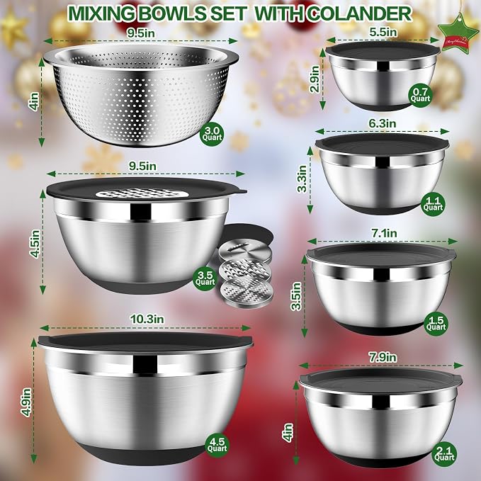 DUTZUN Mixing Bowls with Lids Set - 16pcs Stainless Steel Mixing Bowl Set with Colander, 3 Grater Attachments, Non-Slip Bottom, Metal Nesting Bowls with Strainer for Mixing & Serving - Black