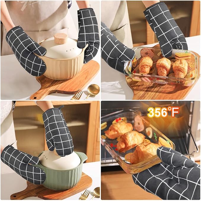 AUAUY Oven Mitts and Pot Holders 6PCS Set, 392°F Heat Resistant, Black | Cooking Gloves and Hot Pads Baking Mittens BBQ Gloves, Top Kitchen Gadgets, Non-Slip Kitchen Mittens for Oven Baking Grilling