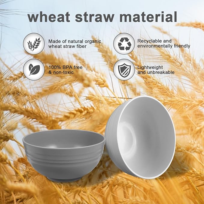 HEYCOME 12 Pcs Unbreakable Cereal Bowls Set, 26 Oz Wheat Straw Bowls Set, Microwave & Dishwasher Safe Bowls for Kitchen, Reusable Plastic Bowls for Soup, Salad and Snack, BPA Free, Light Gray