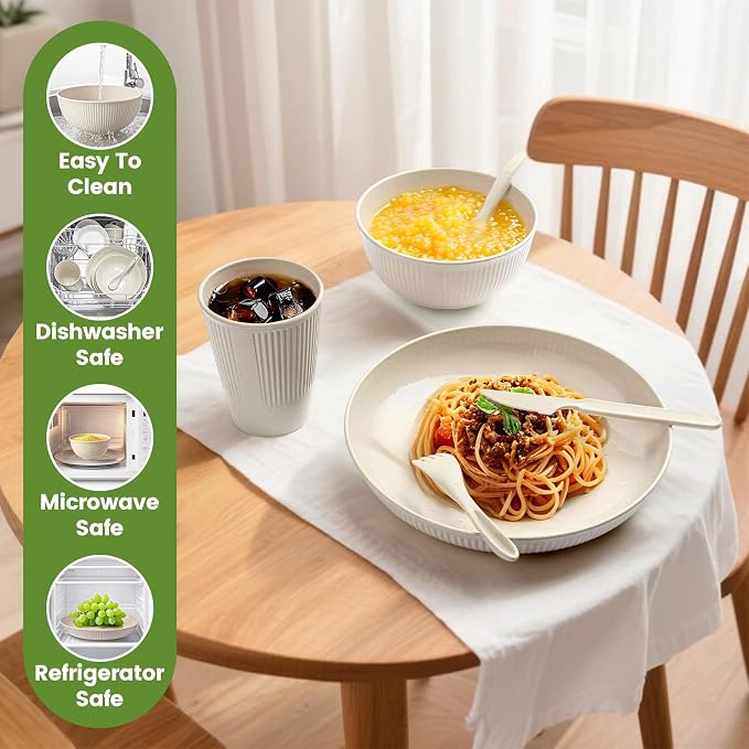 36-Piece Reusable Wheat Straw Dinnerware Sets for 6, Farielyn-X Unbreakable Reusable Set Kitchen Cups, Plates, Bowls Sets & Cultery Dishwasher Microwave Safe - Patio, Outdoors, RV, Camping Dishes