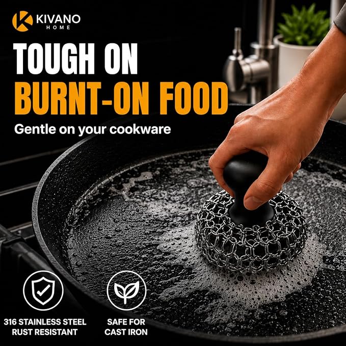 Cast Iron Scrubber with 2 Pan Scrapers – 316L Stainless Steel Chainmail Cleaner for Cast Iron Skillets, Woks, Dutch Ovens & Carbon Steel Pans