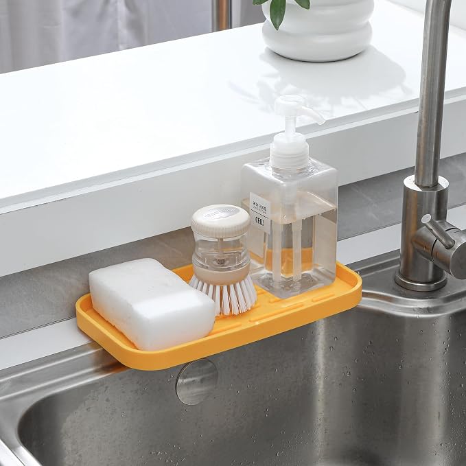 MicoYang Silicone Kitchen Sink Organizer Tray for Multiple Usage,Easy Clean,Eco-Friendly Sponges Holder for Kitchen Bathroom Counter or Sink,Dish Soap Dispenser,Scrubber,Bottle,Cup Yellow 10”x 5.3”