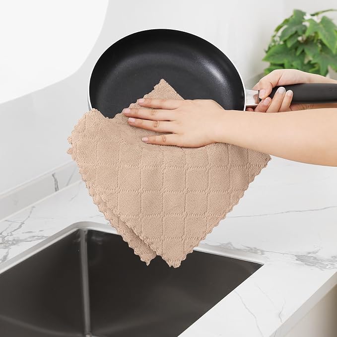 Homaxy 12 Pack Super Soft Absorbent Dish Towels, 10" x 20", Tan | Coral Velvet, Nonstick Oil Fast Drying Microfiber Cleaning Cloth, No Lint Dishcloths for washing and drying