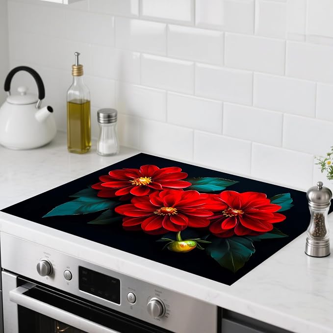 Nuxovilar Stove Top Cover Cooktop Mat 28.3x20.4in Polyester Diatom | Electric Guard Range Countertop Pad Burner Protection Sheet Kitchen Decor Cooking Area Home Accent (Red Dahlia)