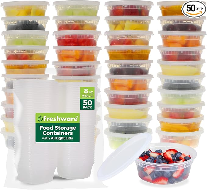 Freshware Food Storage Containers [50 Set] 8 oz Plastic Deli Containers with Lids, Slime, Soup, Meal Prep Containers, BPA Free, Stackable, Leakproof, Microwave, Dishwasher and Freezer Safe