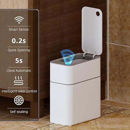 3.5 Gal Rechargeable Motion Sensor Bathroom Trash Can with Lid, Bag Suction | Water-resistant design, automatic liner suction and hands-free opening for bathrooms, bedrooms, kitchens and offices