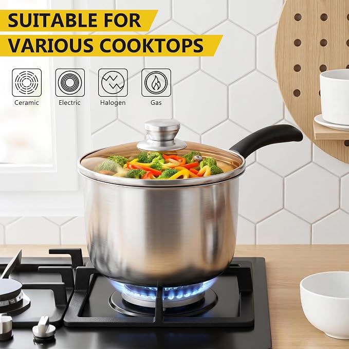 E-far 3 Quart Saucepan with Lid, Stainless Steel Sauce Pan with Heat-Proof Handles, Small Pot for Home Kitchen Restaurant Cooking, Dishwasher Safe