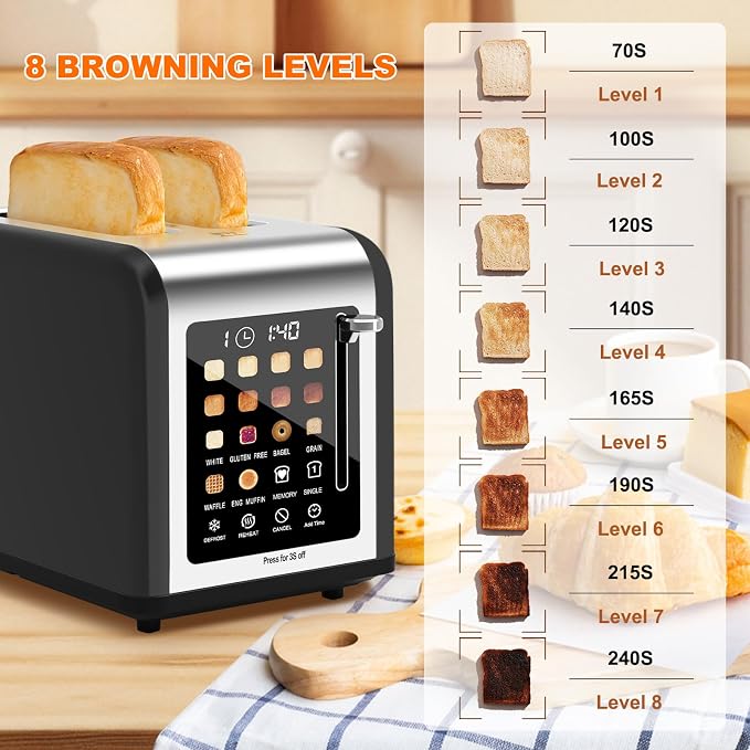 2 Slice Toaster Touch Screen, Stainless Steel Toasters Digital Timer 2 Slot Toasters, 8 Shade Settings 6 Bread Types for Bagel, Cancel, Defrost (Red)