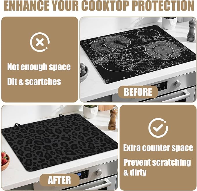 Black Leopard Stove Top Covers for Electric Stove, Electric Gas Stove Pad Heat Resistant Range Cooktop Protector for Home Decor Kitchen 28"x20"