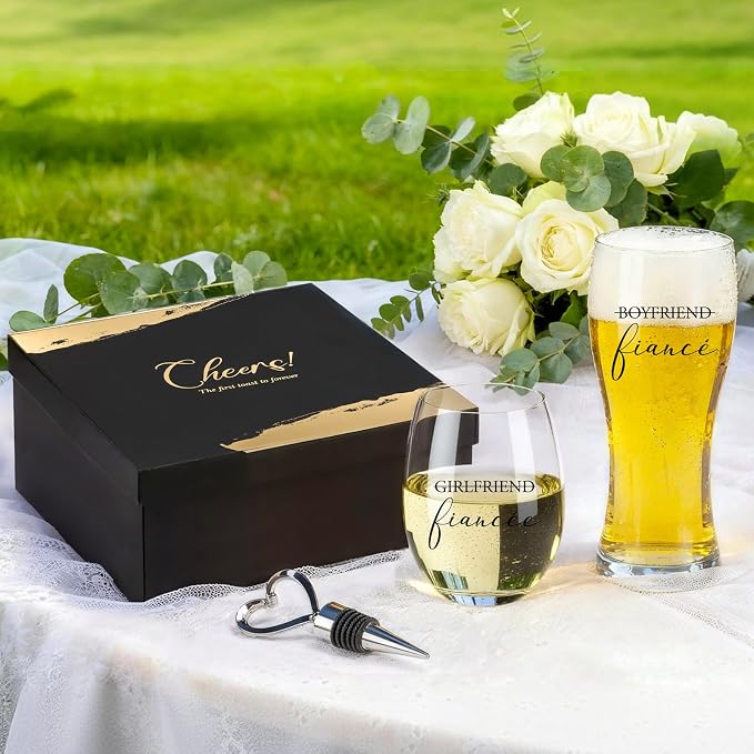 AW BRIDAL Fiance Wine Glasses and Beer Mug Set with Wine Stopper for Couple | Engagement Gifts for Women, Newly Wed Gift for the Couple 2026, Engaged Wine Glasses for Bride to Be, Fiance Fiancee Gift