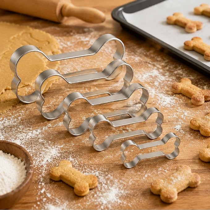 Dog Bone Cookie Cutters, 5Pcs Stainless Steel Bone Shaped Cookie Cutter Sets Biscuit Molds Cake Cheese Fruit Sandwiches Cutters for DIY Holiday Homemade Baking Kit Dog Birthday Party Supplies