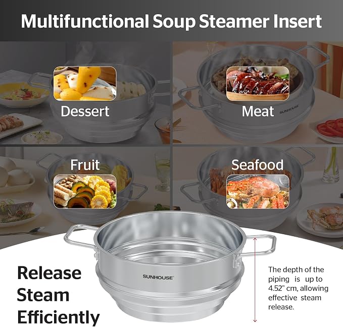 SUNHOUSE 5 QT Stainless Steel Steamer Basket for Pot, Universal Insert | Food & Vegetable Steaming Rack with Glass Lid, Stay-Cool Handles - Fits 8, 8.5, 9.5 Inch Pots - Cestello Vaporera