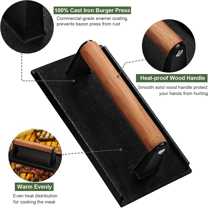 Burger Press, 7" Round & 8.2"X4.3" Rectangle Heavy-Duty Cast Iron Smash Bacon Press Meat Steak With Wood Handle for Griddle, Sandwich, Nonstick Pan