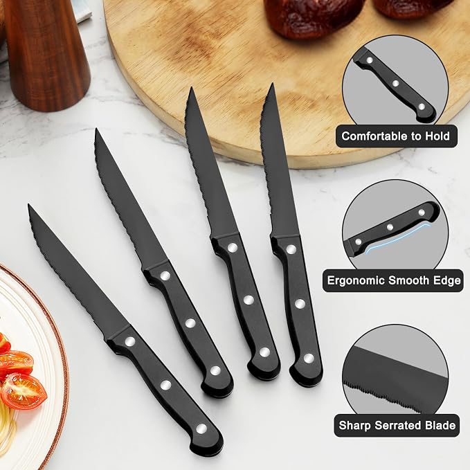 Pleafind 24Pcs Black Silverware Sets for 4 - Dishwasher Safe, Flatware Set with Steak Knives, Stainless Steel Cutlery Set, Include Forks Spoons and Knives Set, Utensil Sets for Home Restaurant
