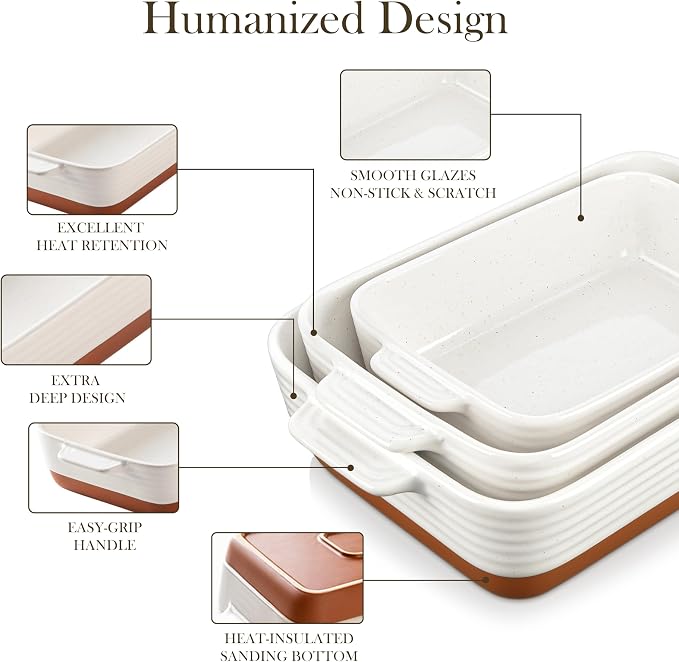 MALACASA Casserole Dishes for Oven, Ceramic Baking Dishes Set of 3, Baking Pan Casserole Dish Set, Rectangular Lasagna Pan Deep with Handles for Baking, Khaki White (14.5''/13''/10.5''), Series TARA