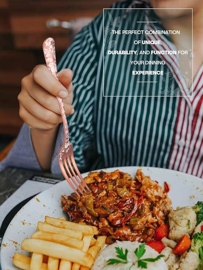 Stapava 24 Pcs Rose Gold Silverware with Steak Knives, Stainless Steel Copper Silverware Flatware Cutlery Set for 4, Include Forks Spoons and Knives set, Mirror Polished, Dishwasher Safe Utensils
