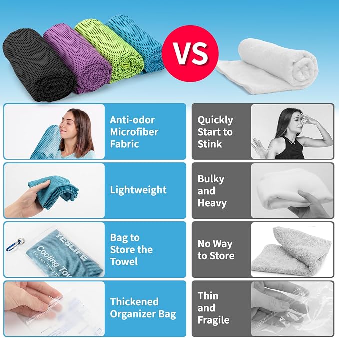 YESLIFE Cooling Towels, 4-Pack 40"x12", Multicolor Set H | Microfiber gym towels, soft breathable neck wrap, cooling towel for yoga running sport camping, Multicolor, 4-pack