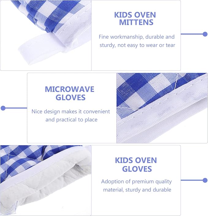 2Pcs Oven Mitts for Play Kitchen, Anti- Scald Gloves Microwave Oven Gloves Kitchen Mitts for Safe Baking Cooking (Dark Blue Checkered)