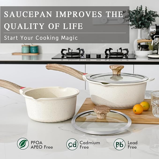 Vinchef 10PCS Sauce Pan Set with Lids, Nonstick, 2/3/4QT, White | Complete set with silicone utensils&protectors, PFAS/PFOA-free coating, dishwasher-safe, induction-ready, cool-grip handles