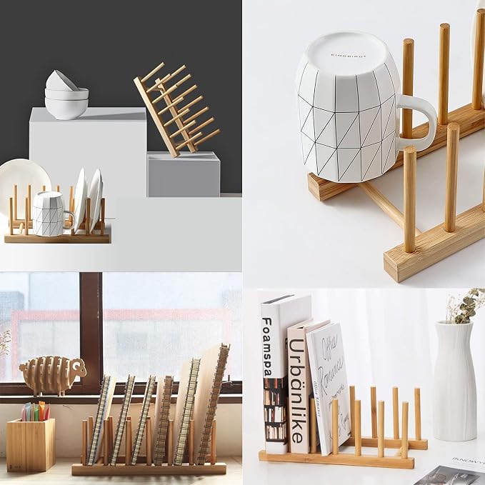 Bamboo Wooden Plate Racks Dish display Holder Kitchen Storage, Pack of 4 | Cabinet Organizer for Dish / Plate / Bowl / Cup / Pot Lid / Cutting Board/ Book (vertical)