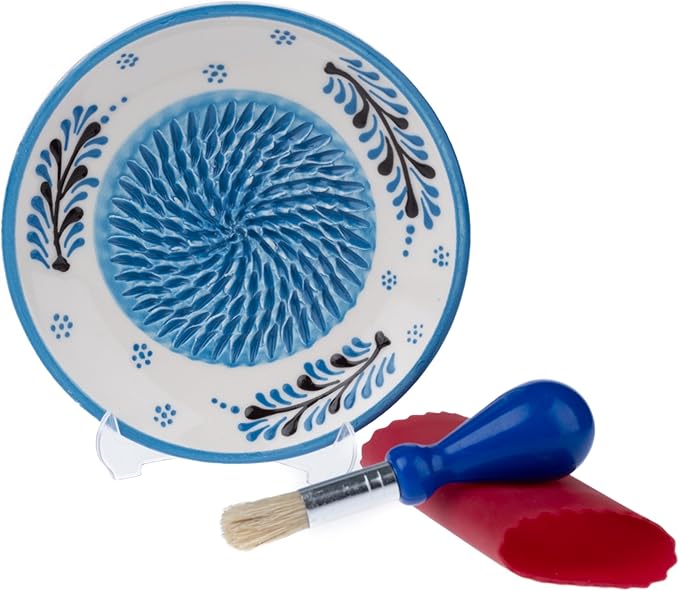 Ceramic Garlic Grater Plate - Handmade 4 Pcs Press - Natural Grinder - Decorative Mincer - Ginger, Cheese Grater - Hand Dish for Garlic (Blue)