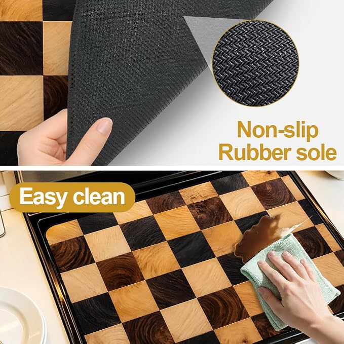 Wood Checkered Butcher Block Stove Top Cover Electric Gas Stove | Rustic butcher block wood kitchen decor; non-slip stovetop cover, faux wood noodle board, glass cooktop counter mat