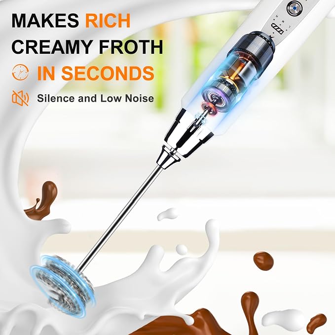 YUSWKO Handheld Milk Frother Wand for Coffee, Rechargeable Electric Whisk with 3 Heads 3 Speeds Drink Mixer Coffee Frother For Latte, Cappuccino, Hot Chocolate, Egg, White