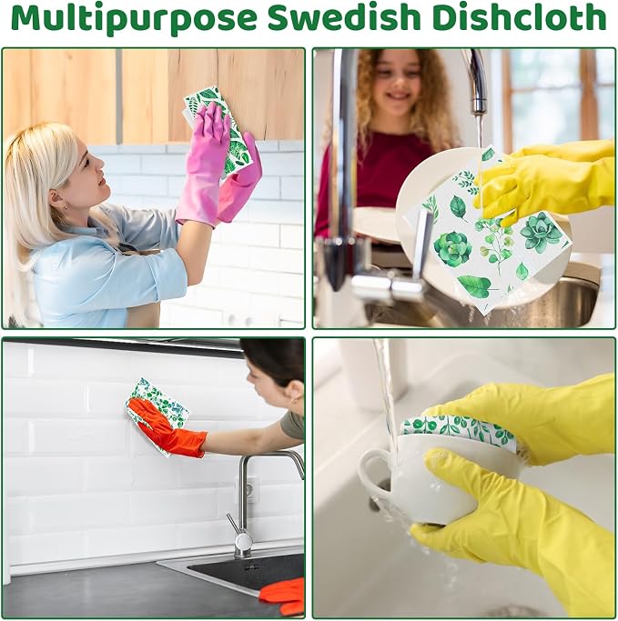 Needbrock 6 Pack Swedish Dishcloths for Kitchen, Swedish Rags | Absorbent Green Leaf Dish Cloths with Adhesive Clips, Reusable Paper Towels No Odor for Countertop Dishes Cleaning