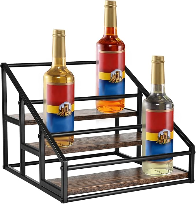 YQBRAO 3-Tier Coffee Syrup Organizer, 12-Bottle Rack, Rustic Brown | Holds up to 12 bottles with stepped visibility and a compact footprint for coffee bars, kitchens, and syrup stations.