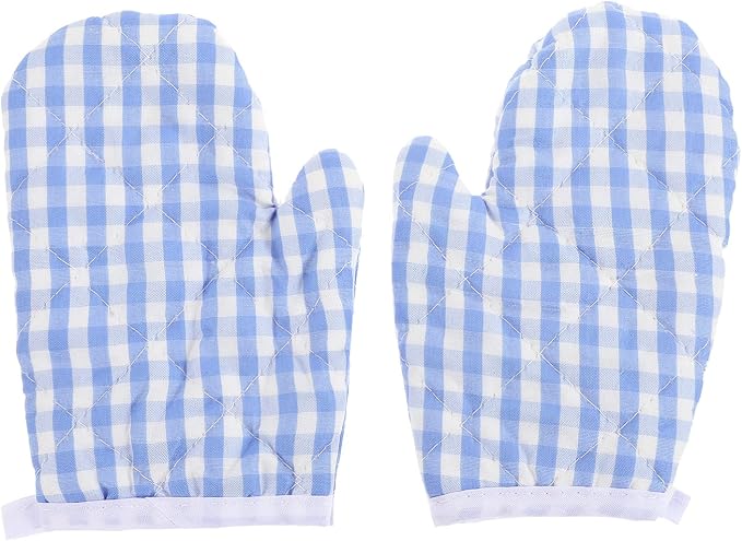 2Pcs Kids Oven Mitts for Children Play Kitchen, Anti- Scald Gloves Microwave Oven Gloves Kitchen Mitts for Kids Toddler Safe Baking Cooking (Light Blue Checkered)