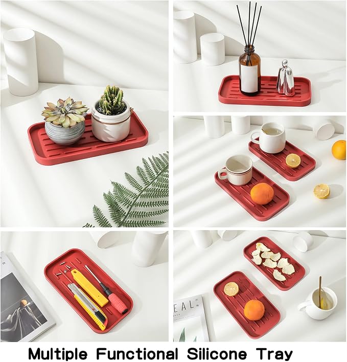 MicoYang Silicone Kitchen Sink Organizer Tray for Multiple Usage,Eco-Friendly Sponges Holder for Kitchen Bathroom Counter or Sink,Dish Soap Dispenser,Scrubber,Bottle,Cup (Red, 10"×5.3")