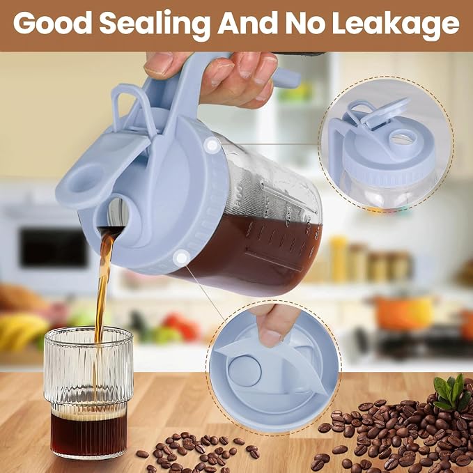 Cold Brew Coffee Maker, 32 oz Mason Jar Pitcher with Stainless Steel Filter, Pour Spout Handle Lid, Heavy Duty Glass Airtight & Leak-Proof for Iced Coffee,Tea & Lemonade