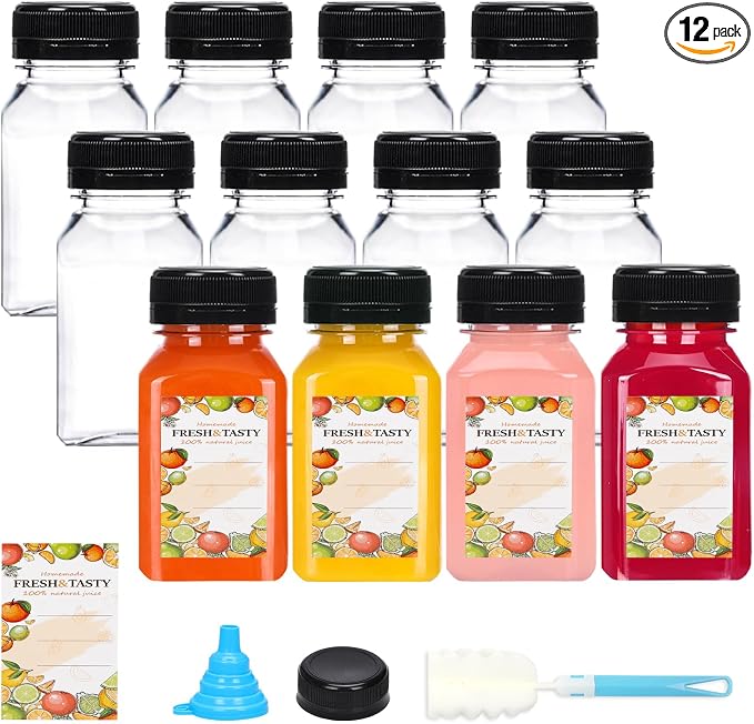 12pcs 4oz Plastic Juice Bottles with Caps, Sticker Labels, Brush | Empty Reusable Clear Ginger Shots Bottles with Lids, Label, Funnel, and Brush Beverage for Juicing, Smoothies, Drinking