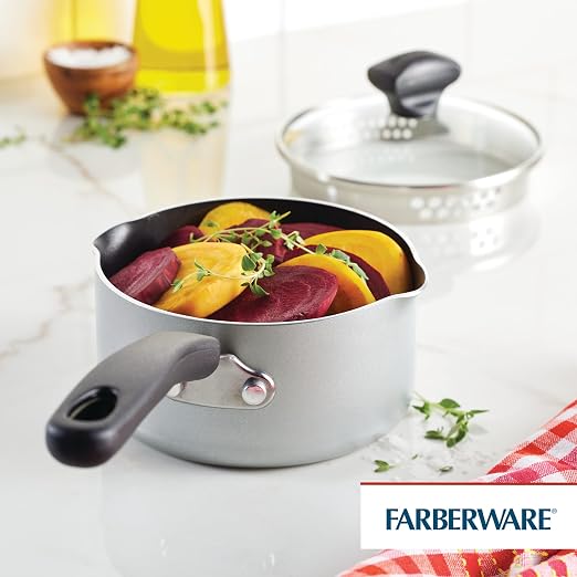 Farberware Cookstart Aluminum DiamondMax Nonstick Straining Saucepan, Kitchen Cookware, 1-Quart, Silver