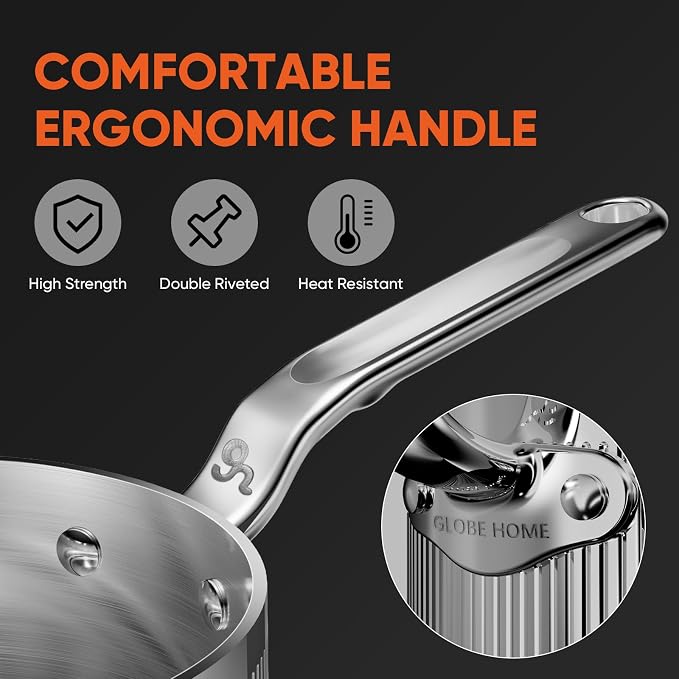 2 Quart 5-Ply Stainless Steel Sauce Pan with Lid | Dishwasher safe, Oven Safe to 800°F, Induction Ready, All cooktop compatible, PTFE/PFOA-free, Even & Rapid Heating