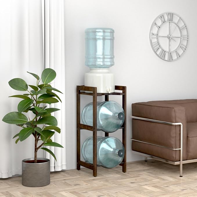 5 Gallon Water Jug Holder With Top Shelves, Natural Solid Wood Water Dispenser Stand 31"H, 3-Tiers Jug Stand, Water Cooler Jug Rack, 5 Gallon Water Bottle Holder With 2 Slot & Top Shelf (Walnut Color)