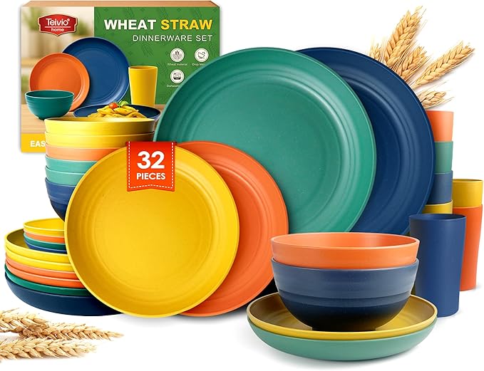 Teivio 32-Piece Plates and Bowls Sets for 8, Wheat Straw Dinnerware Sets | 13.5oz Cups, Plastic Unbreakable Dish Set, Dishwasher Safe, for Kitchen Outdoor Camping RV Essentials, Autumn Multicolor