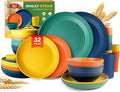 Teivio 32-Piece Plates and Bowls Sets for 8, Wheat Straw Dinnerware Sets | 13.5oz Cups, Plastic Unbreakable Dish Set, Dishwasher Safe, for Kitchen Outdoor Camping RV Essentials, Autumn Multicolor
