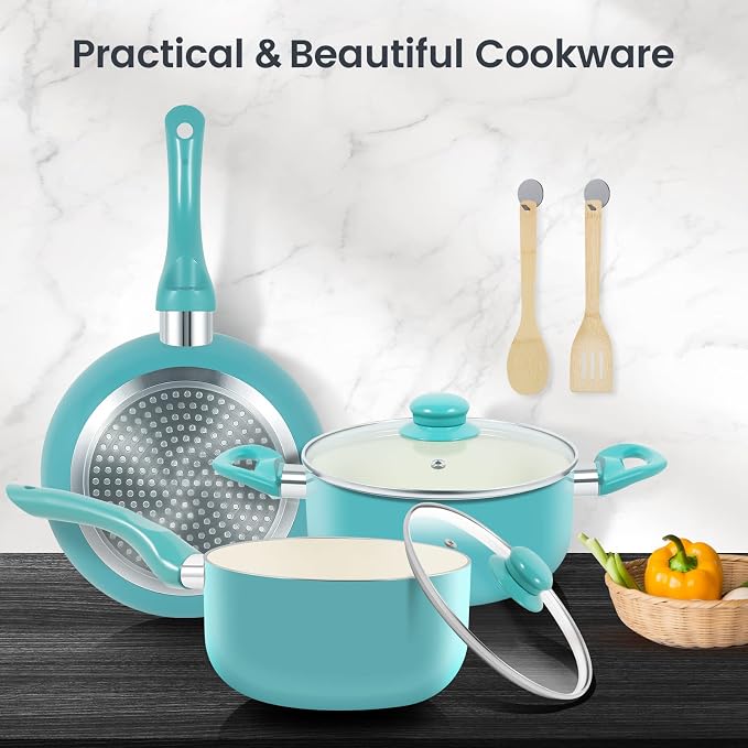 M MELENTA Pots and Pans Set 7 piece, Non Stick Teal Ceramic Cookware Set | Compact Starter Cookware, Nonstick Pots and Pans Set, Induction Cookware, Kitchen Cooking Set, PFAS & PFOA Free