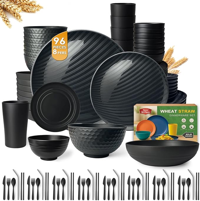 Teivio 96-Piece With Flatware Plastic Wheat Straw Dinnerware Set for 8 | Dinner/Dessert Plates, Cereal Fruit Bowls, Pasta Bowls, Cups, Unbreakable Dishwasher Safe Kitchen Outdoor RV Dish, Black